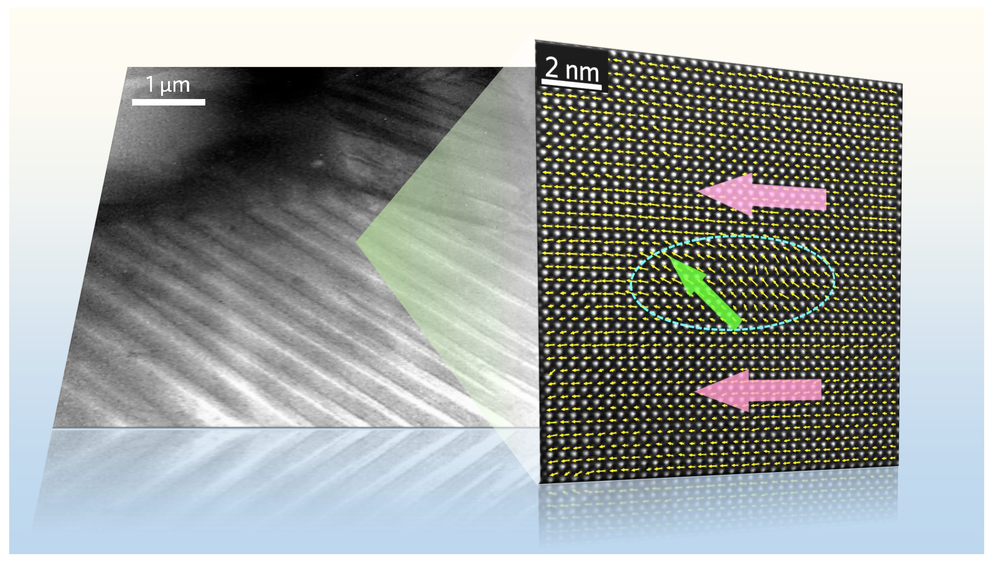  A long-range ferroelectric domain with nanoscale structure heterogeneity (4-8 nm) is evidenced by high-resolution TEM.   Image: